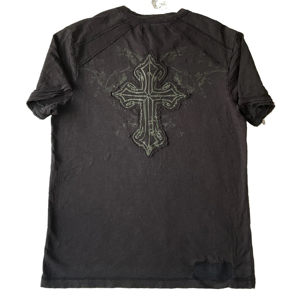 Guess Men Shirt M Dark Gray Cross Embroidery Patch Button Short Sleeve Henley - Picture 6 of 9